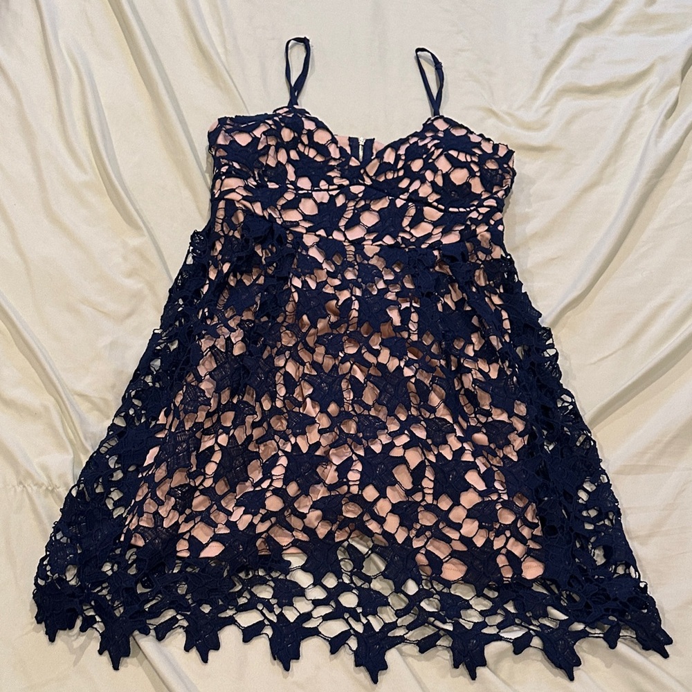 Francesca's Collections Navy Lace Overlay Pink Slip Dress